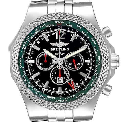 The Breitling Bentley A47362 Men's Stainless Steel Black Dial A47362 Men's Stainless Steel Black Dial watch is shown from a frontal angle, highlighting the face, bezel, chronographs, and a portion of the bracelet.