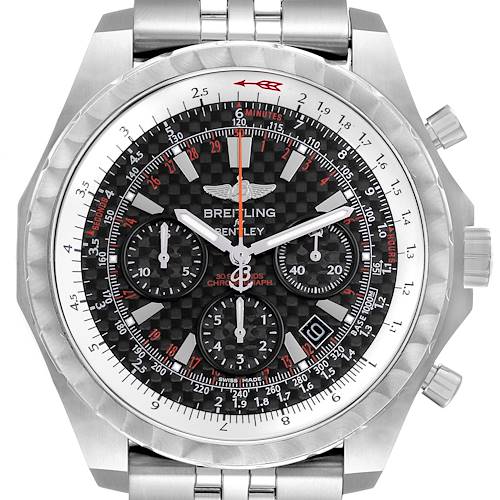 The image shows a front view of the Breitling Bentley model A25365 men's watch, featuring its dial, bezel, sub-dials, and bracelet.