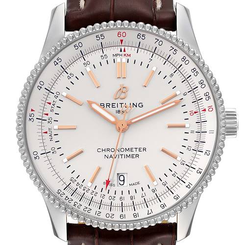 This image shows a front view of the Breitling Navitimer A17326 Men's Stainless Steel Silver Dial A17326 Men's Stainless Steel Silver Dial watch, displaying its dial, bezel, and part of the leather strap.
