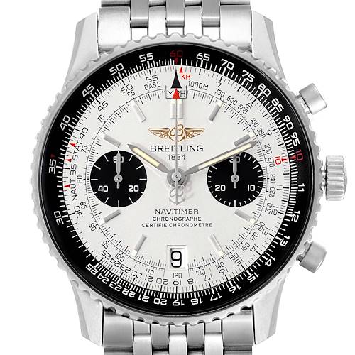 The image shows a Breitling Navitimer A23330 Men's Stainless Steel Silver Dial A23330 Men's Stainless Steel Silver Dial watch from a frontal angle, displaying its dial, bezel, and bracelet.
