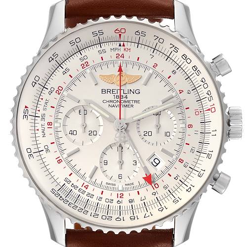 This image shows a front angle of the Breitling Navitimer AB044121-G783 Men's Stainless Steel Silver Dial AB044121-G783 Men's Stainless Steel Silver Dial watch, highlighting its dial, chronograph subdials, bezel, and leather strap.