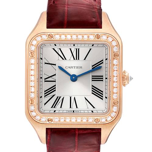 This top-down view of the Cartier Santos WJSA0017 Women's Rose Gold Silver Dial WJSA0017 Women's Rose Gold Silver Dial Dumont watch shows the face, bezel, and part of the strap.