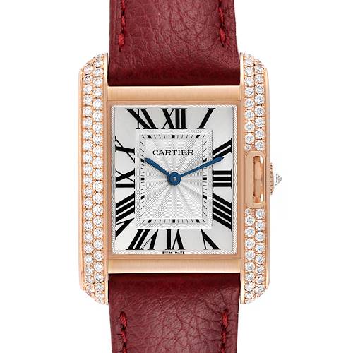 This image shows a Cartier Tank Anglaise WT100029 Women's Rose Gold Silver Dial WT100029 Women's Rose Gold Silver Dial watch from the front, displaying its face, bezel with diamonds, and maroon leather strap.