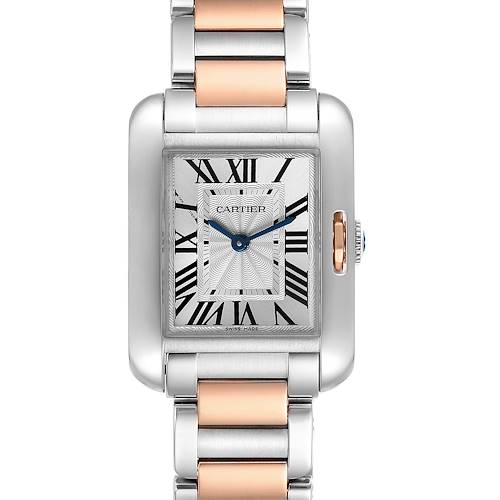 The image shows a front view of the Cartier Tank Anglaise W5310019 Women's Steel and Gold (two tone) Silver Dial W5310019 Women's Steel and Gold (two tone) Silver Dial watch, highlighting its face, bezel, and part of the two-tone bracelet.