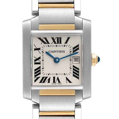 This is a close-up view of the Cartier Tank Francaise W51012Q4 Women's Steel and Gold (two tone) Silver Dial W51012Q4 Women's Steel and Gold (two tone) Silver Dial watch face, showing the dial, hands, crown, and part of the bracelet.