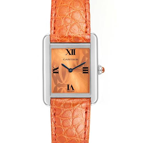 The image shows a Cartier Tank Solo W1019455 Women's Stainless Steel Orange Dial W1019455 Women's Stainless Steel Orange Dial watch from a front angle, highlighting its orange leather strap and rectangular face.