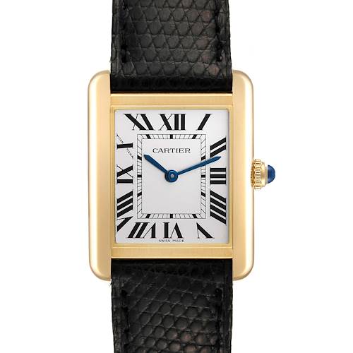 The image shows a frontal view of the Cartier Tank Solo W5200002 Men's Yellow Gold Silver Dial W5200002 Men's Yellow Gold Silver Dial watch, highlighting its face, Roman numerals, crown, and black leather strap.