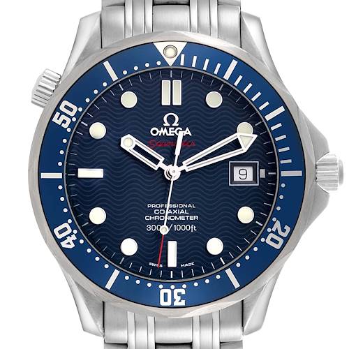 The Omega Seamaster model 2220.80.00 watch is shown from the front, highlighting its blue dial, analog display, date window, and stainless steel bracelet.