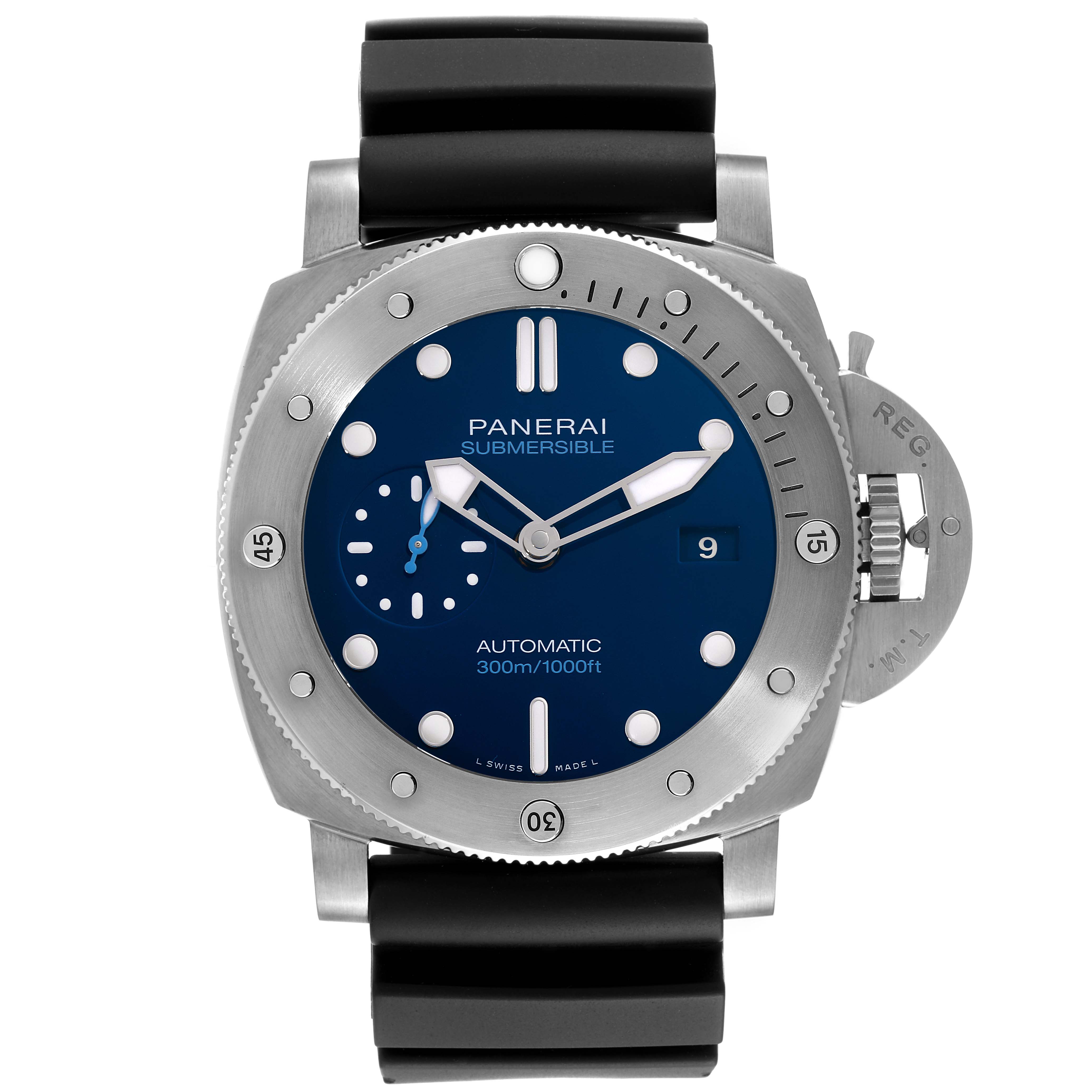 This image shows a front view of the Panerai Submersible PAM00692 Men's Ceramic Blue Dial PAM00692 Men's Ceramic Blue Dial watch displaying its dial, bezel, and strap.