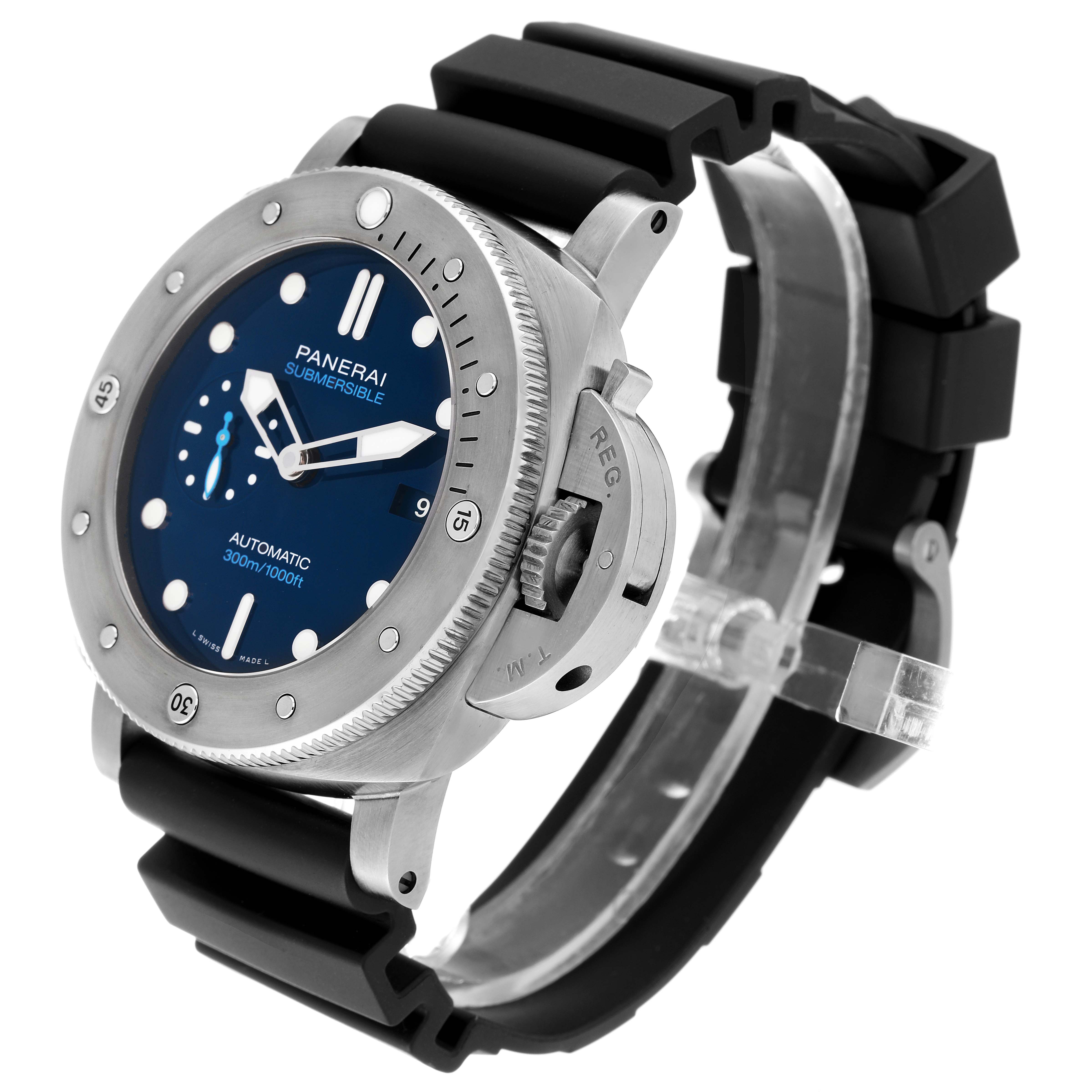 The Panerai Submersible PAM00692 Men's Ceramic Blue Dial PAM00692 Men's Ceramic Blue Dial watch is shown at a three-quarter angle, highlighting its face, bezel, and rubber strap.