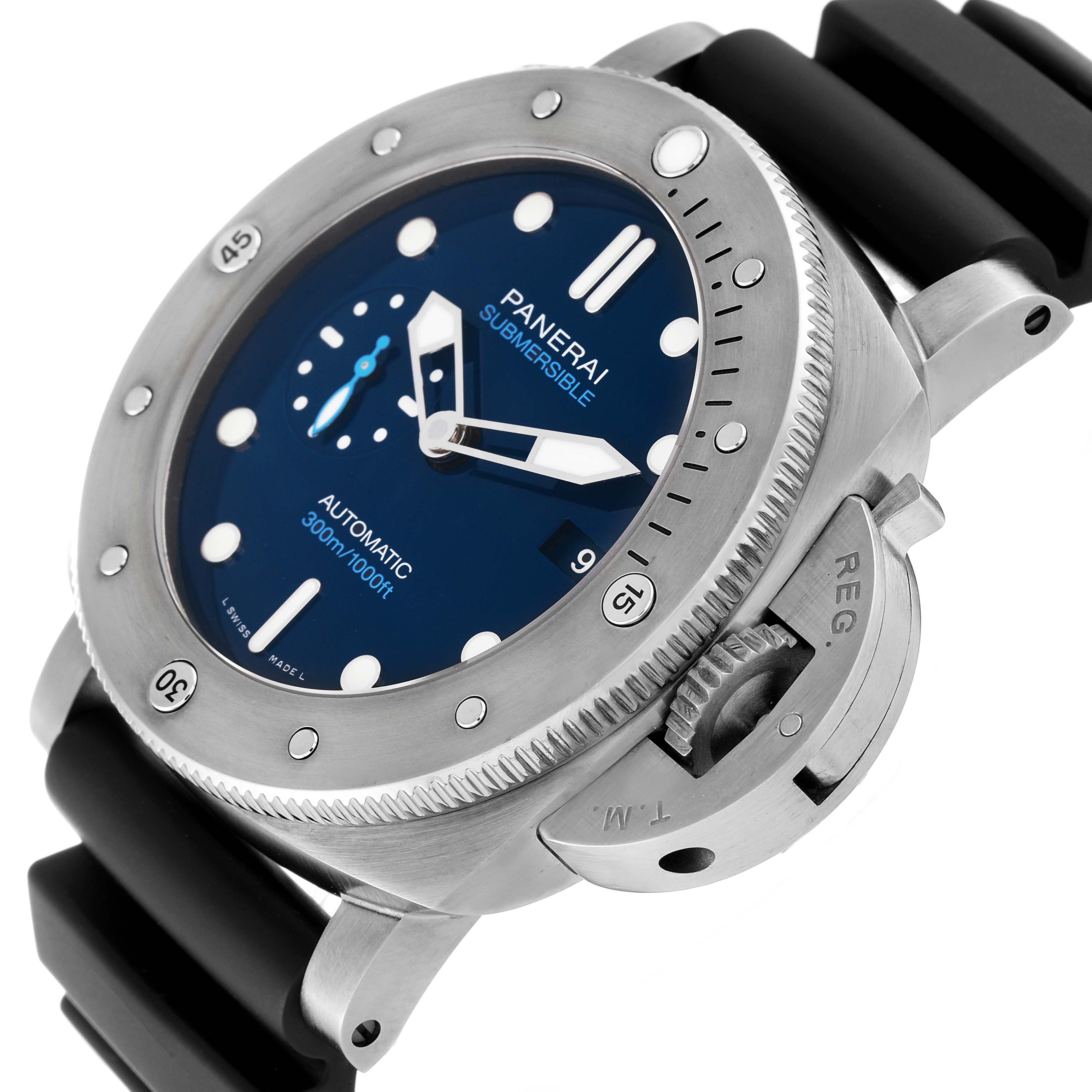 The image shows a Panerai Submersible PAM00692 Men's Ceramic Blue Dial PAM00692 Men's Ceramic Blue Dial watch at a slight side angle focusing on the bezel and crown guard.