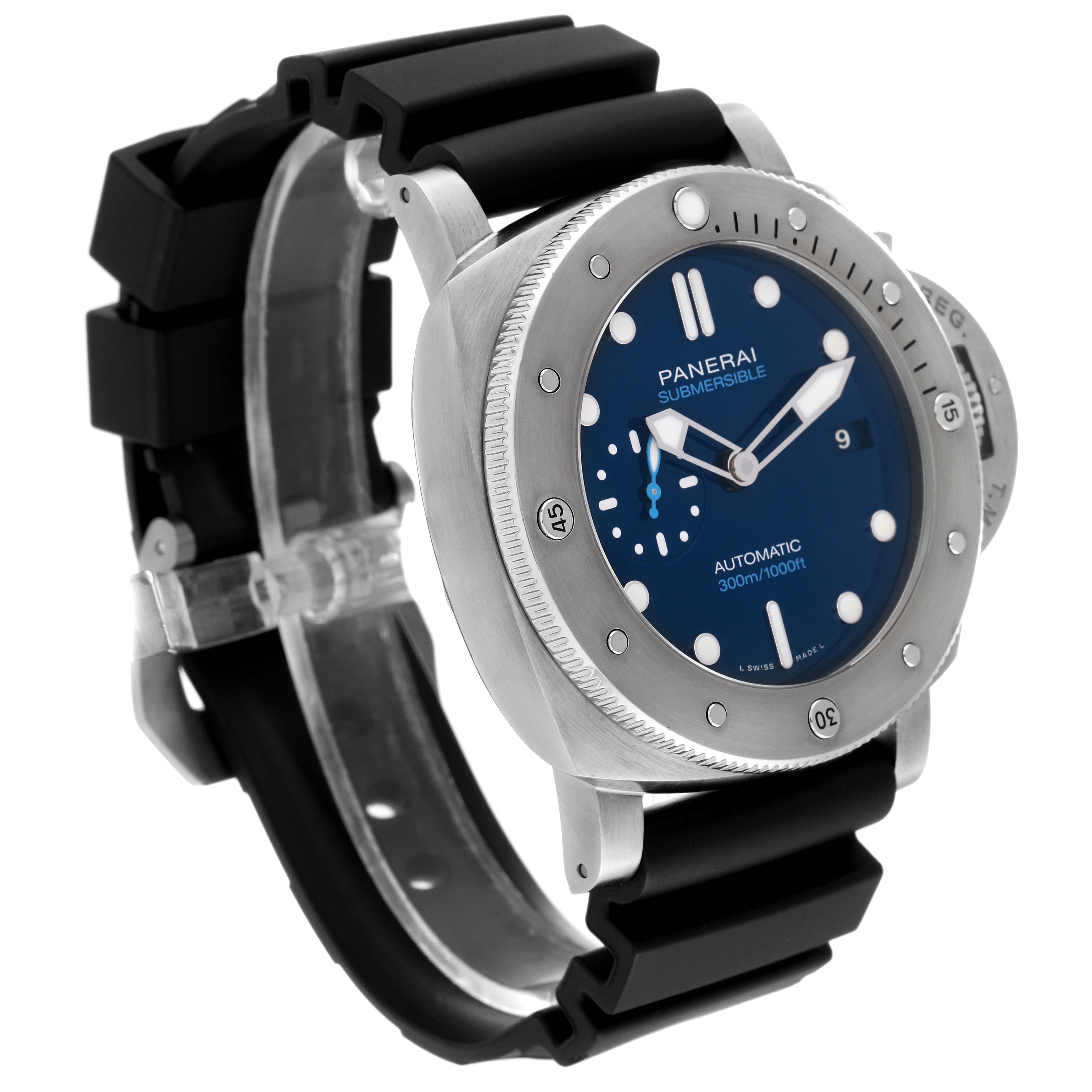 The image shows a Panerai Submersible PAM00692 Men's Ceramic Blue Dial PAM00692 Men's Ceramic Blue Dial watch at a slight angle, highlighting the face, bezel, and part of the black rubber strap.
