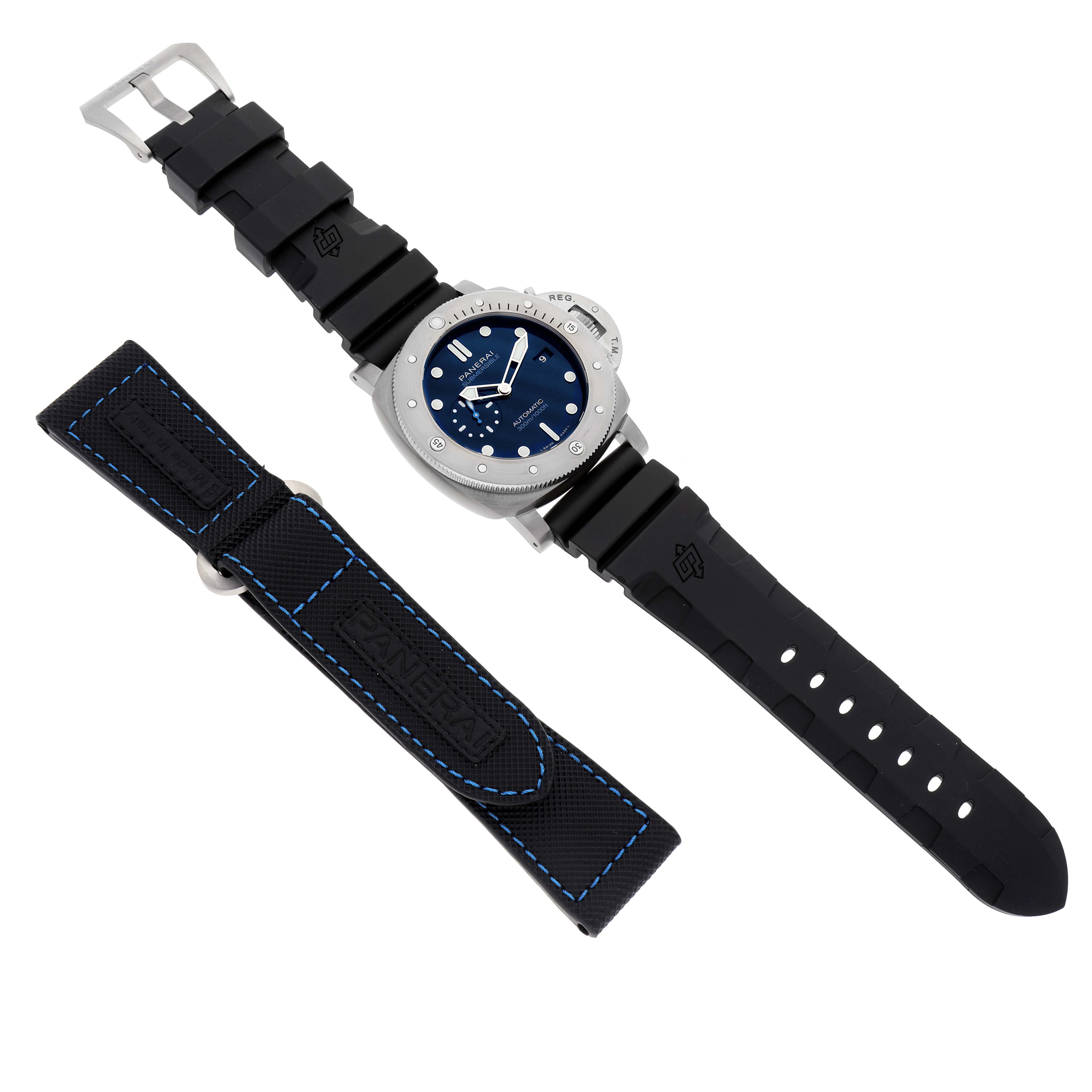 This image features a Panerai Submersible PAM00692 Men's Ceramic Blue Dial PAM00692 Men's Ceramic Blue Dial model watch displayed flat with an additional interchangeable strap.