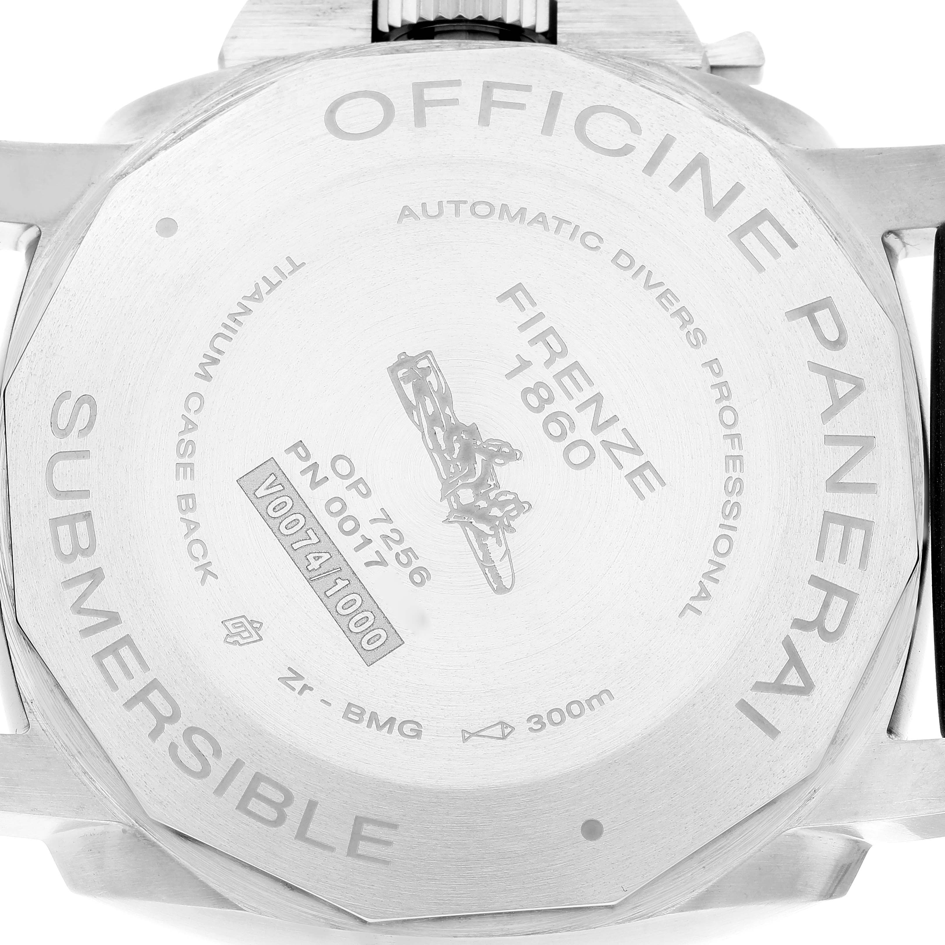 This image shows the case back of a Panerai Submersible PAM00692 Men's Ceramic Blue Dial PAM00692 Men's Ceramic Blue Dial watch with detailed engravings.