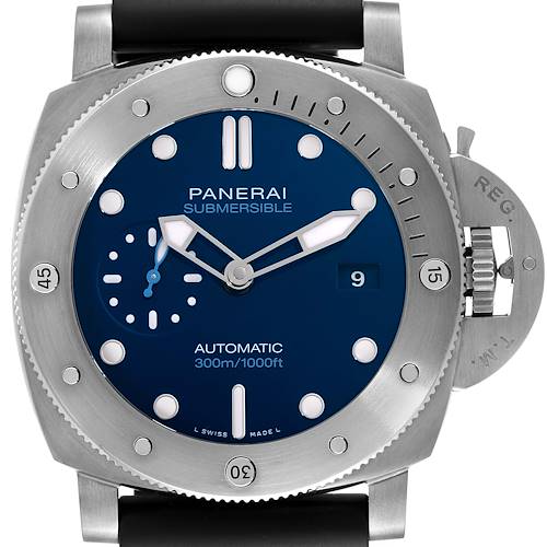 This image shows a frontal view of the Panerai Submersible PAM00692 Men's Ceramic Blue Dial PAM00692 Men's Ceramic Blue Dial watch, highlighting the dial, bezel, and crown protector.
