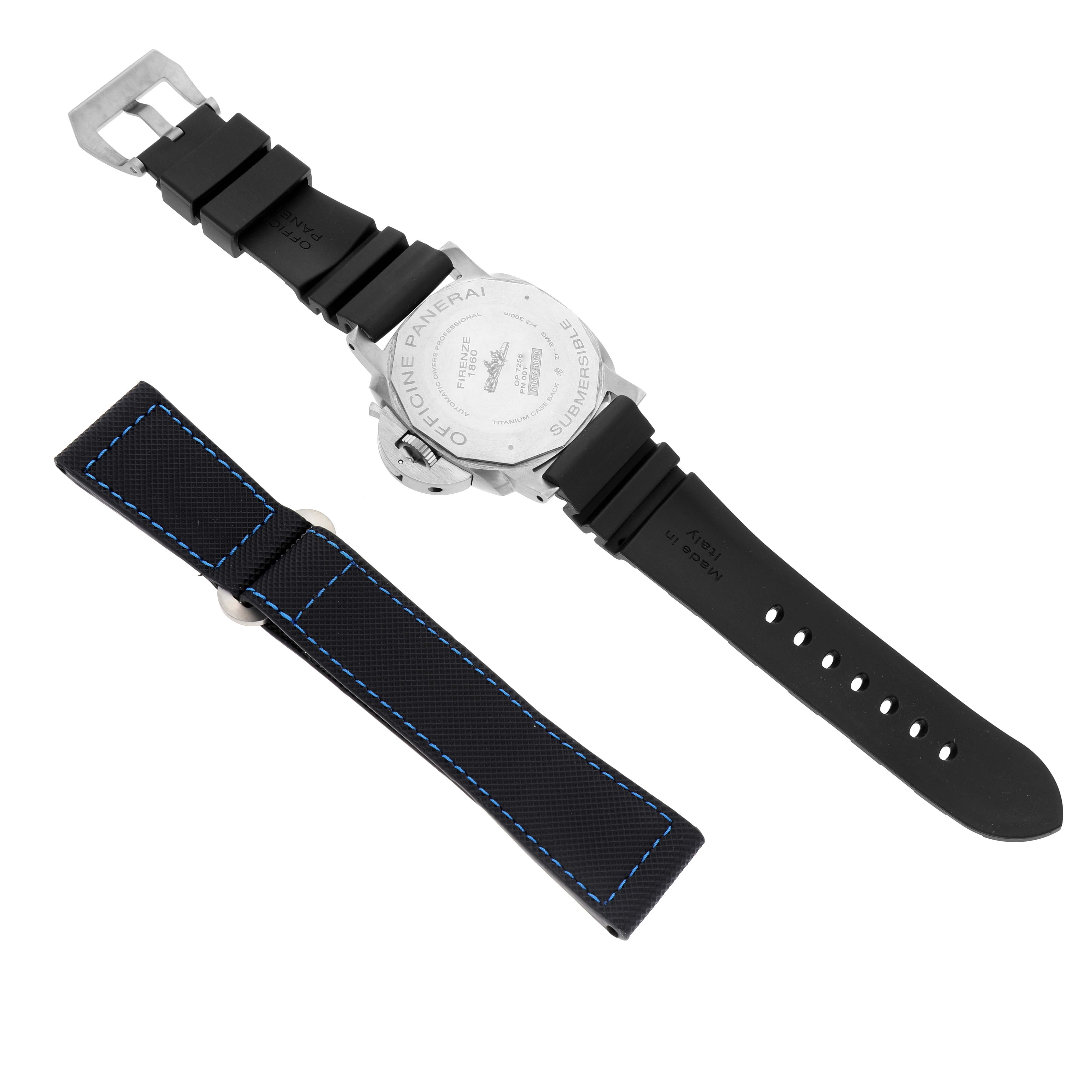 The image shows the back view of a Panerai Submersible PAM00692 Men's Ceramic Blue Dial PAM00692 Men's Ceramic Blue Dial watch, highlighting the case back and an additional strap.