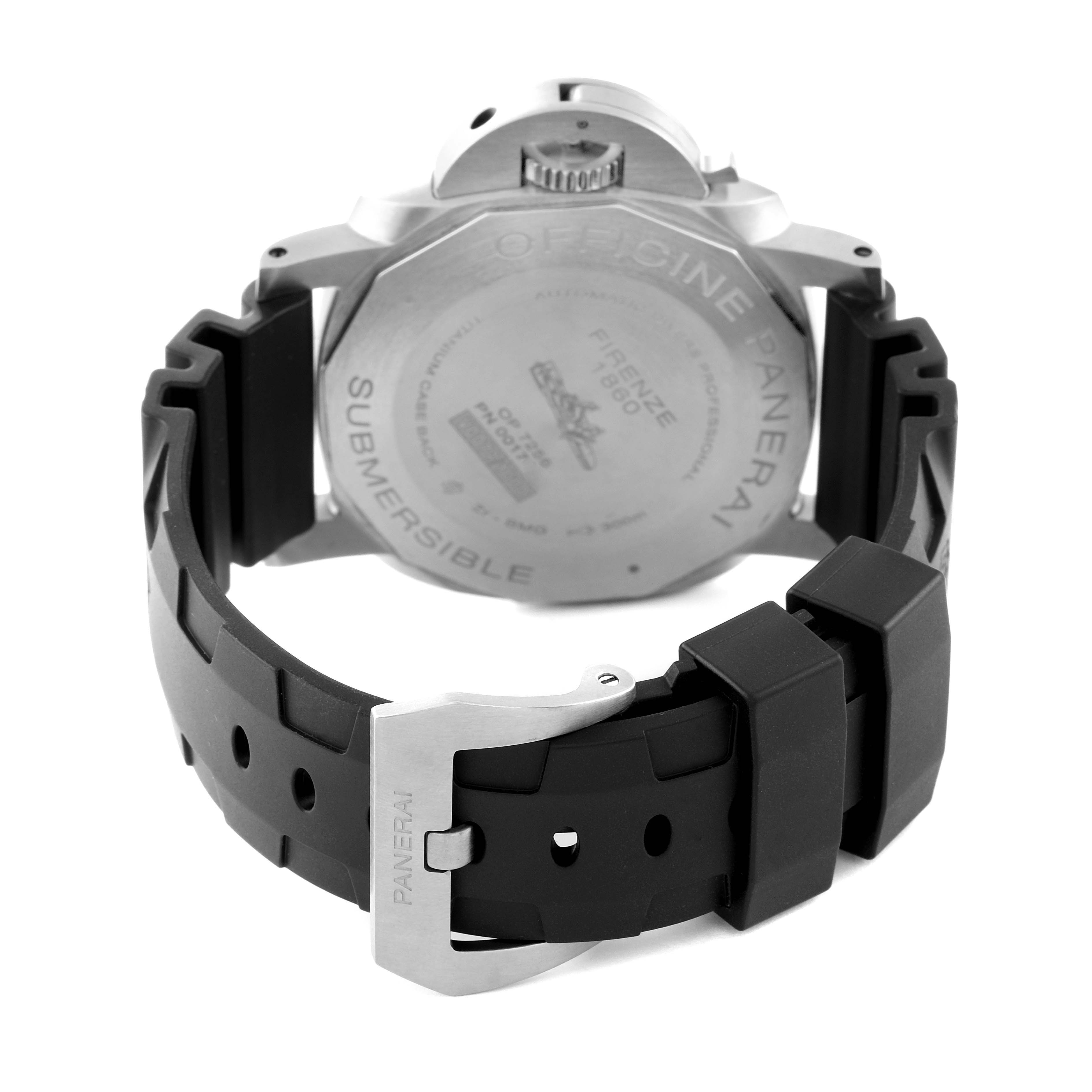 The image shows the back of a Panerai Submersible PAM00692 Men's Ceramic Blue Dial PAM00692 Men's Ceramic Blue Dial watch, highlighting its case back, crown, and rubber strap with buckle.