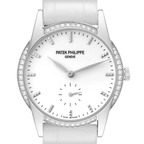 The image shows a front view of a Patek Philippe Calatrava 7122/200G Women's White Gold White Dial 7122/200G Women's White Gold White Dial watch, highlighting the face, dial, and bezel with diamond accents.