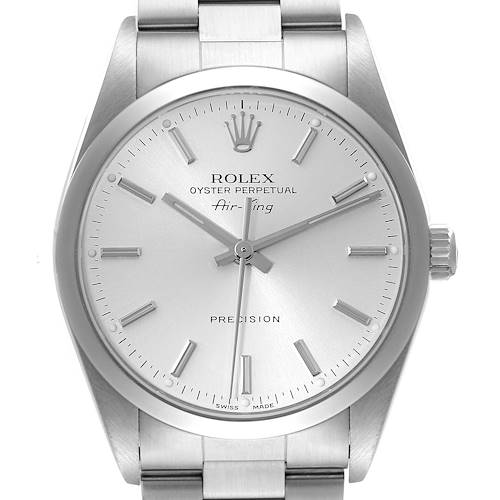 This Rolex Air-King 14000 Men's Stainless Steel Red Dial 14000 Men's Stainless Steel Red Dial watch is shown from a front-facing angle, displaying the dial, hands, crown, and part of the bracelet.