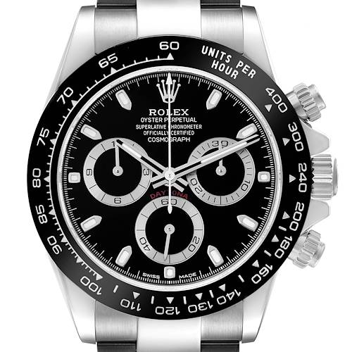 The Rolex Daytona 116500 Men's Stainless Steel Black Dial 116500 Men's Stainless Steel Black Dial watch is shown from a front angle, highlighting the dial, bezel, subdials, and crown.