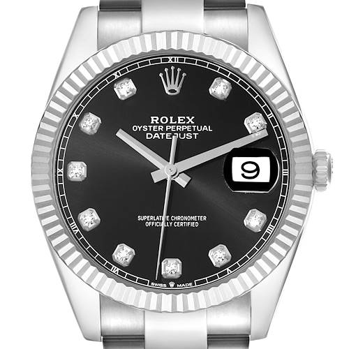 The image shows a Rolex Datejust 41 watch (model 126334) from a top view, highlighting the black dial, diamond hour markers, fluted bezel, and date window.