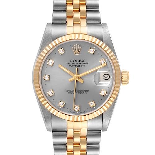 The image shows a frontal view of a Rolex Datejust Mid-Size watch, highlighting its dial, bezel, and bracelet.