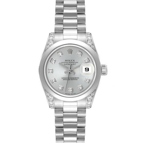 The image shows a frontal view of a Rolex President 179296 Women's Platinum Silver Dial 179296 Women's Platinum Silver Dial model watch, highlighting its dial, bracelet, and the date display magnified at 3 o'clock.