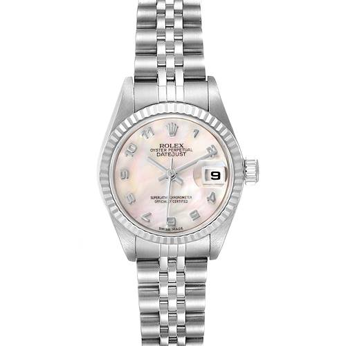 This image shows a front view of the Rolex Datejust 79174 Women's Stainless Steel Mother of Pearl Dial 79174 Women's Stainless Steel Mother of Pearl Dial watch, displaying its dial, bracelet, and crown.
