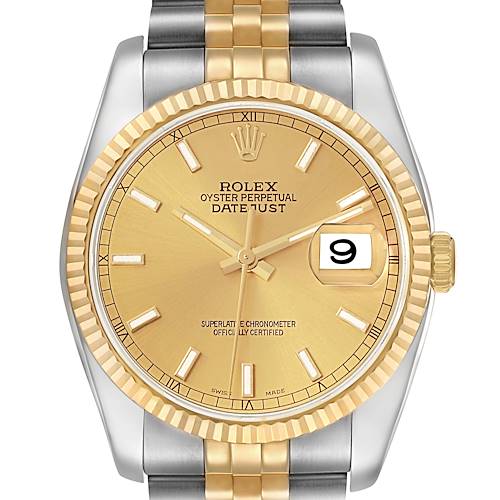The image shows a front view of the Rolex Datejust model 116233 men's watch, highlighting its gold dial, fluted bezel, and a two-tone Jubilee bracelet.