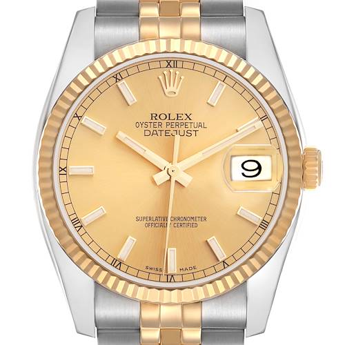 The image shows a front view of the Rolex Datejust model number 116233, highlighting its gold dial, fluted bezel, and two-tone bracelet.