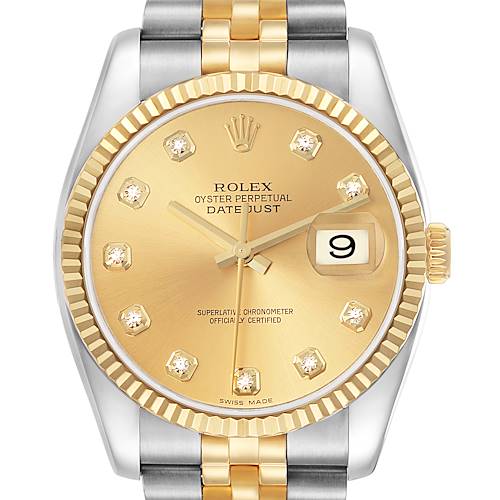 The image shows a frontal view of the Rolex Datejust model 116233, displaying the dial, hands, date window, bezel, and part of the bracelet.