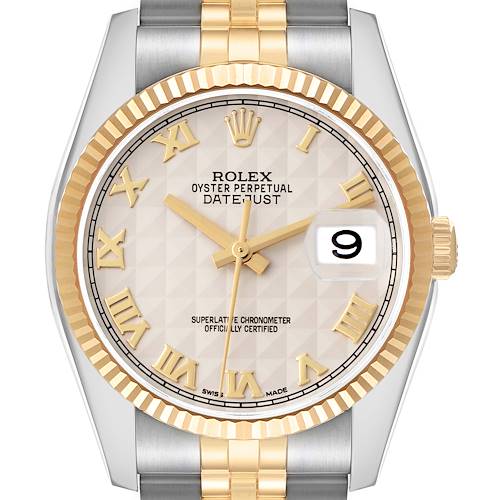 The Rolex Datejust model 116233 is shown from the front, highlighting its dial, hands, bezel, crown, and part of the bracelet.
