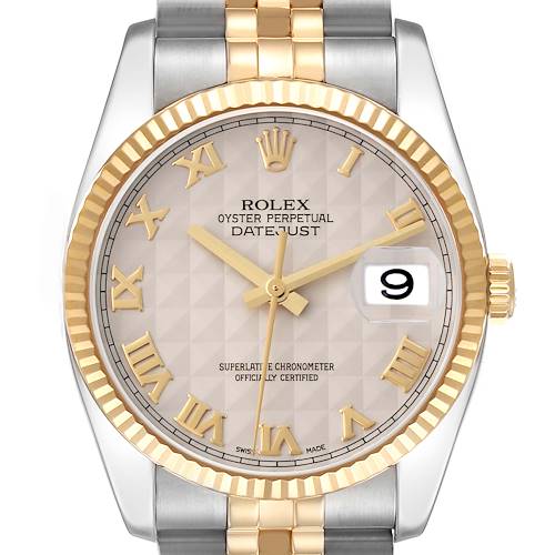 The image shows a frontal view of the Rolex Datejust model 116233 men's watch, highlighting the dial, bezel, and part of the bracelet.