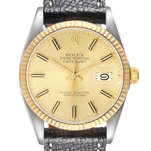 The image shows a close-up of the Rolex Datejust model 16013, focusing on the dial, bezel, crown, and part of the leather strap, viewed from the front.
