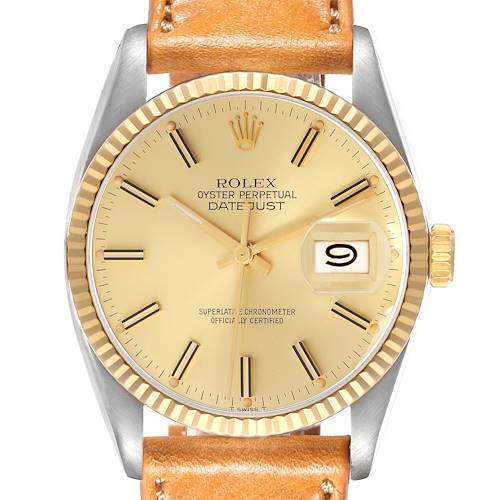 The Rolex Datejust model 16013 men's watch is shown from a front angle, highlighting its gold-tone dial, gold fluted bezel, and leather strap.