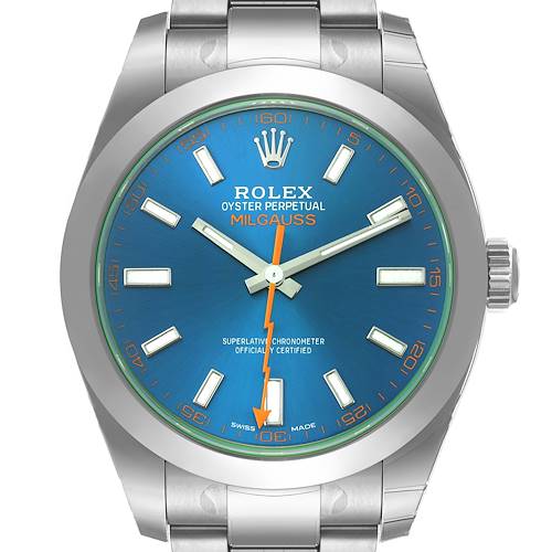 This is a frontal view of a Rolex Milgauss 116400GV Men's Stainless Steel Blue Dial 116400GV Men's Stainless Steel Blue Dial watch, showing the blue dial, hour markers, hands, and partial bracelet links.