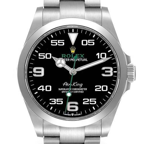 The image shows a frontal view of the Rolex Air-King model 126900 men's watch, highlighting the dial, bezel, and part of the bracelet.