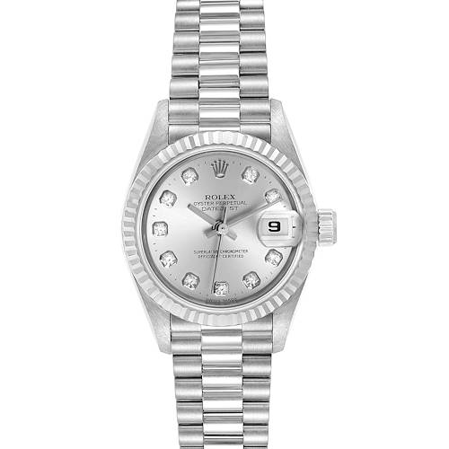 The Rolex President 69179 Women's White Gold Silver Dial 69179 Women's White Gold Silver Dial model watch is shown from the front, displaying the face, bracelet, date, and crown.