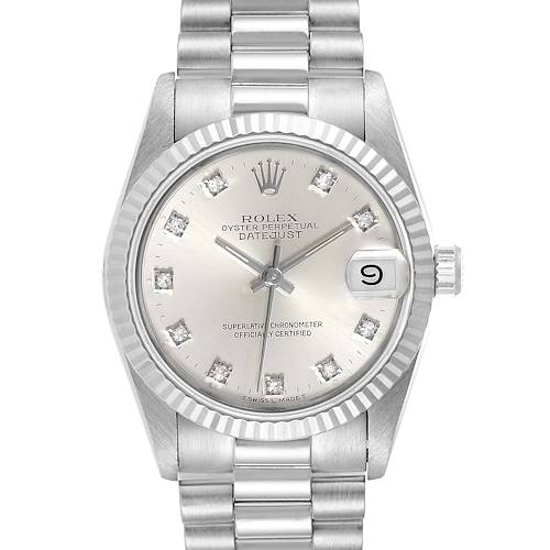 This image shows a frontal view of a Rolex President 68279 Women's White Gold Silver Dial 68279 Women's White Gold Silver Dial Oyster Perpetual Datejust watch, highlighting its dial, bezel, and bracelet.