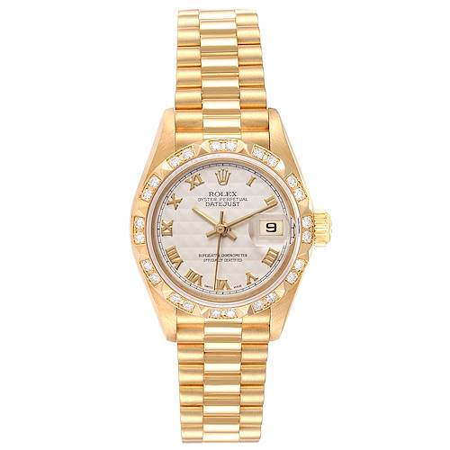 The image shows a frontal view of the Rolex President 79258 Women's Yellow Gold Beige Dial 79258 Women's Yellow Gold Beige Dial watch model, highlighting the dial, bezel, case, and bracelet.