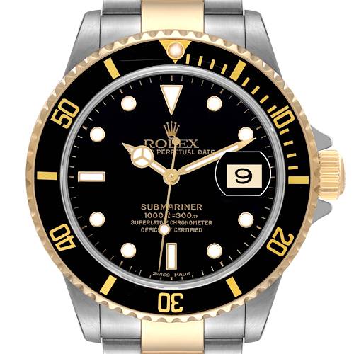 This image shows a Rolex Submariner 16613 Men's Steel and Gold (two tone) Black Dial 16613 Men's Steel and Gold (two tone) Black Dial watch from a straight-on angle, highlighting the dial, bezel, crown, and part of the band.