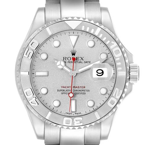 The image shows a front view of the Rolex Yacht-Master model 16622, highlighting the dial, bezel, crown, and part of the bracelet.