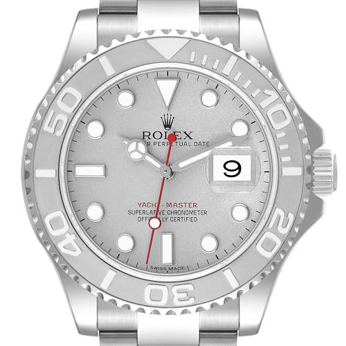 The image shows the front view of a Rolex Yacht-Master 116622 Men's Stainless Steel Silver Dial 116622 Men's Stainless Steel Silver Dial watch, displaying the dial, hands, bezel, and bracelet.