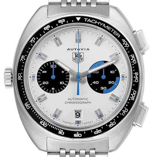 The image shows a front view of the Tag Heuer Autavia CY2110 Men's Stainless Steel White Dial CY2110 Men's Stainless Steel White Dial watch, highlighting its dial, subdials, date window, and tachymeter bezel.