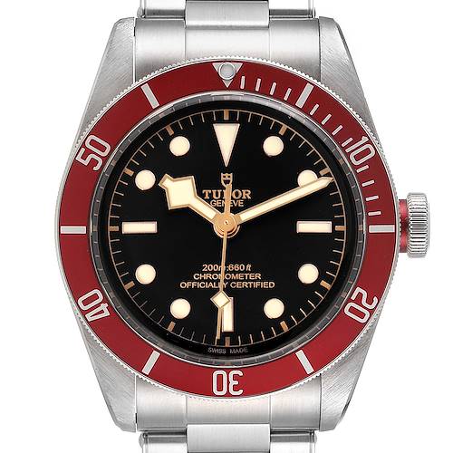 The image shows a front view of the Tudor Heritage Black Bay 79230R Men's Stainless Steel Black Dial 79230R Men's Stainless Steel Black Dial watch, highlighting its dial, bezel, and part of its bracelet.