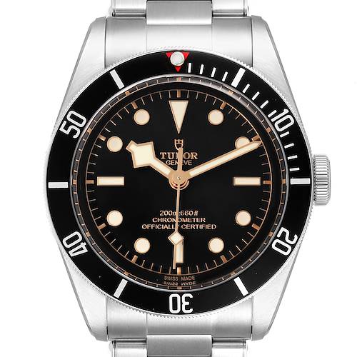 The image shows a front view of the Tudor Heritage Black Bay 79230 Men's Stainless Steel Black Dial 79230 Men's Stainless Steel Black Dial watch, highlighting its dial, bezel, and bracelet.