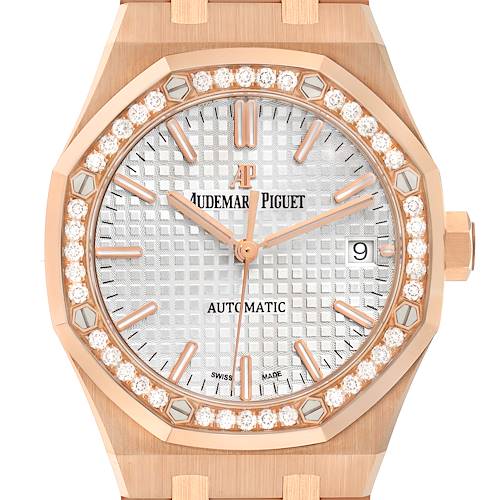 The Audemars Piguet Royal Oak model 15451OR watch is shown from a front angle, showcasing the dial, bezel with diamonds, indices, hands, crown, and part of the bracelet.