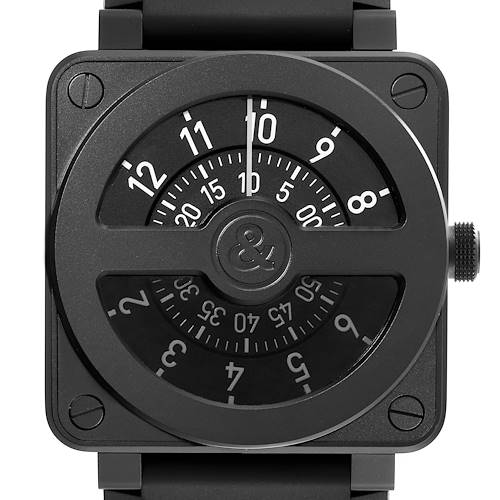 The image shows a top-down view of a Bell & Ross Instruments BR01-92-S Men's Stainless Steel Black Dial BR01-92-S Men's Stainless Steel Black Dial model watch, highlighting its square case and unique dial.