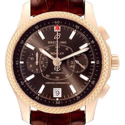The image shows a front view of the Breitling Bentley R26362 Men's Rose Gold Brown Dial R26362 Men's Rose Gold Brown Dial watch, highlighting the dial, bezel, crown, and part of the strap.
