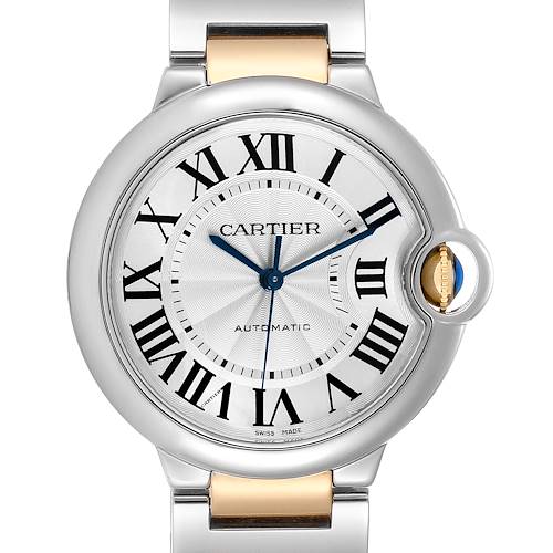 The image shows a front view of the Cartier Ballon Bleu W2BB0012 Women's Steel and Gold (two tone) Silver Dial W2BB0012 Women's Steel and Gold (two tone) Silver Dial watch, highlighting its dial, hands, and partial bracelet.
